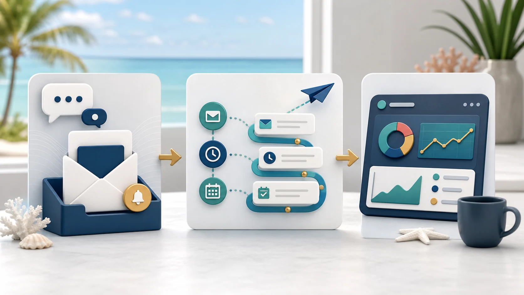 Illustration of a missed inquiry becoming a booked call, automated follow-up, and cleaner owner reporting