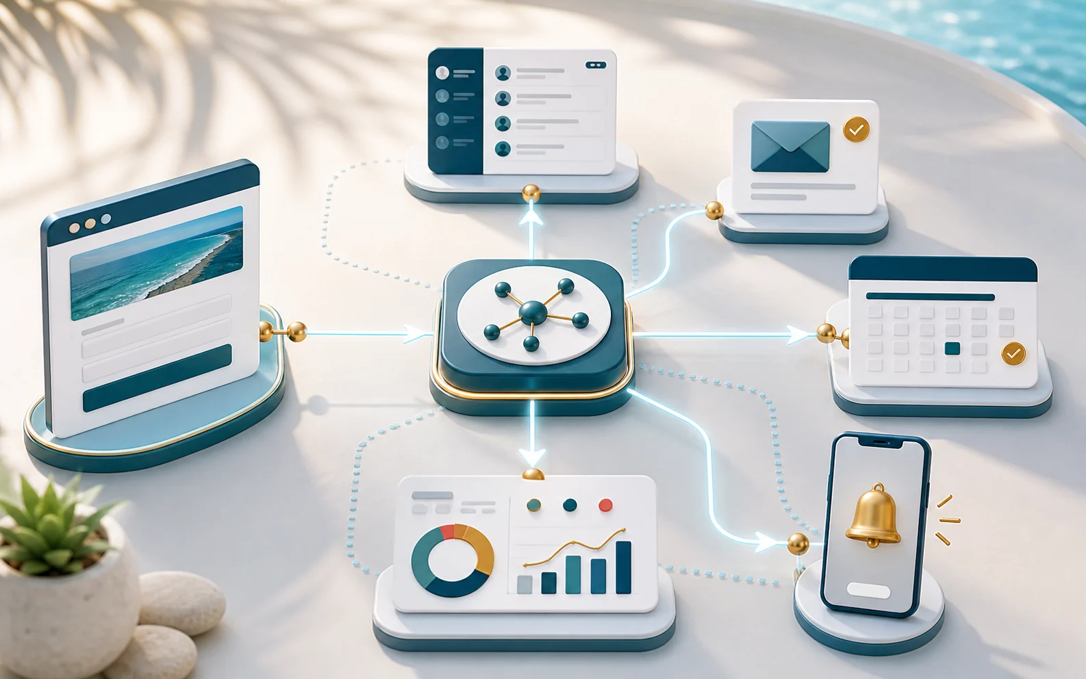 Illustration of a website form, CRM, email, booking, reporting, and customer follow-up connected into one workflow