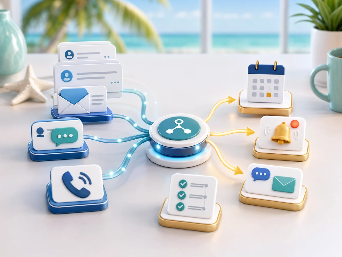 Illustration of customer inquiries being routed through messages, phone, calendar, and follow-up reminders