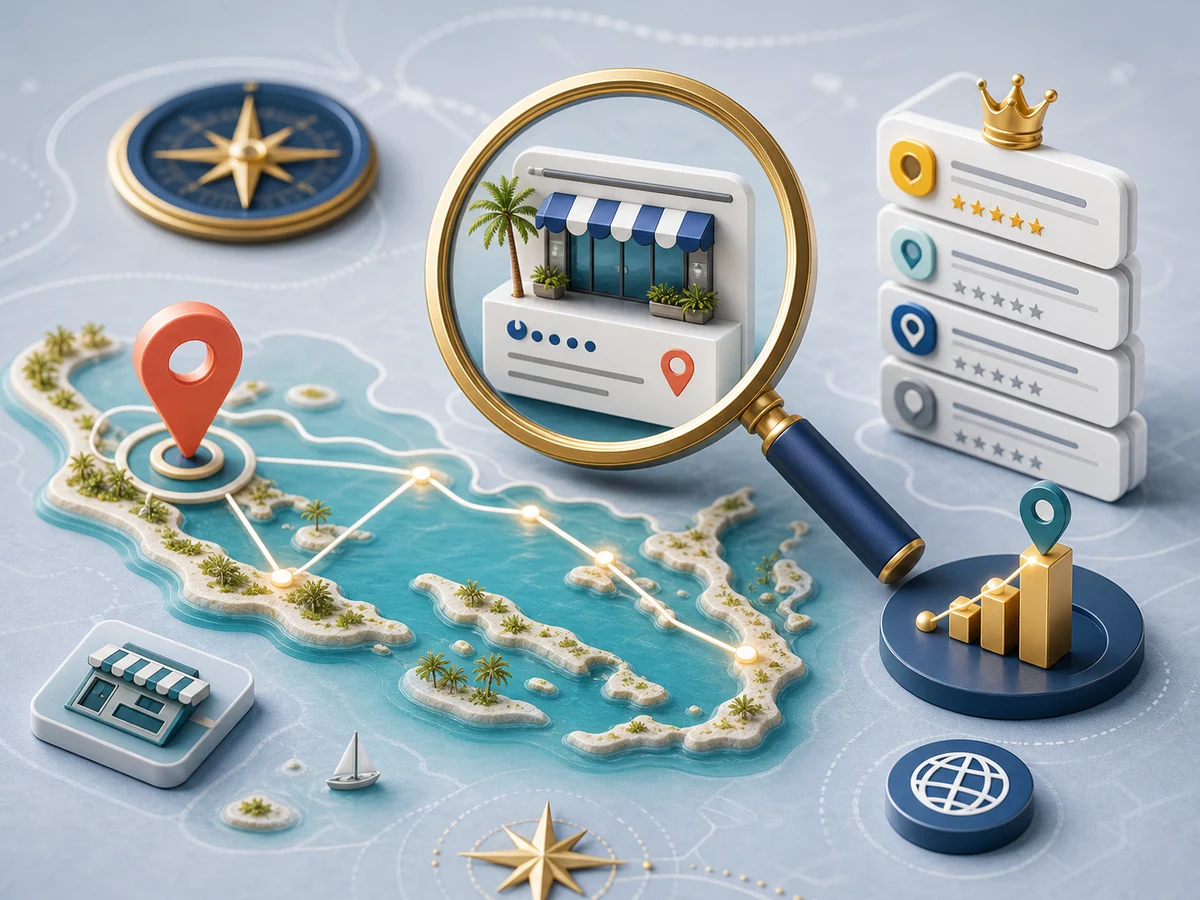 Illustration of local search visibility with Florida Keys map cues, search, location pins, and ranking signals