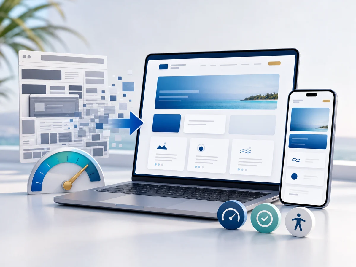 Illustration of an outdated website being modernized into a clean responsive website