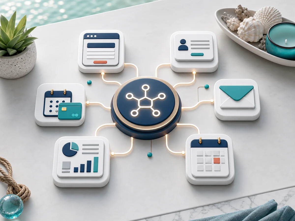 Illustration of website forms, CRM, email, reporting, calendar, and booking tools connected through one automation workflow